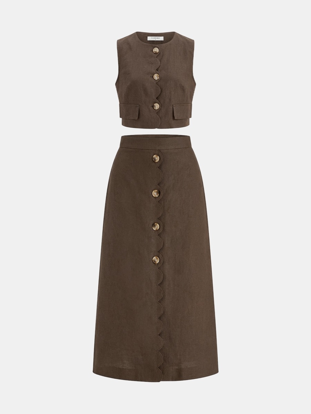 COMMENSE Cotton/Linen Scallop-Button Midi Skirt Set in Dark Brown - Picture 2 of 2